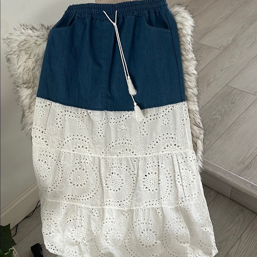 Blue Denim and White Eyelet Maxi Skirt